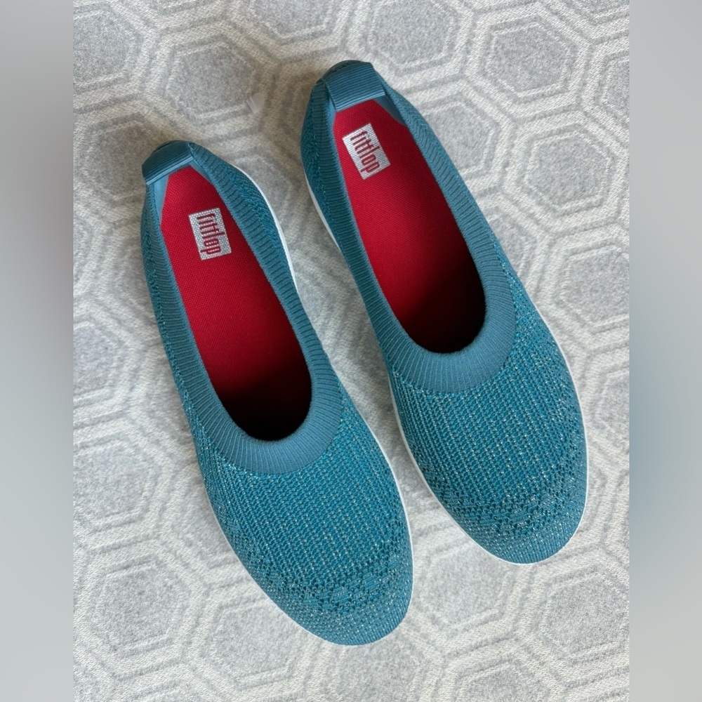 FitFlop Uberknit Ballerina Sneakers Flats Teal Metallic Slip On Women’s 10 NWOT
